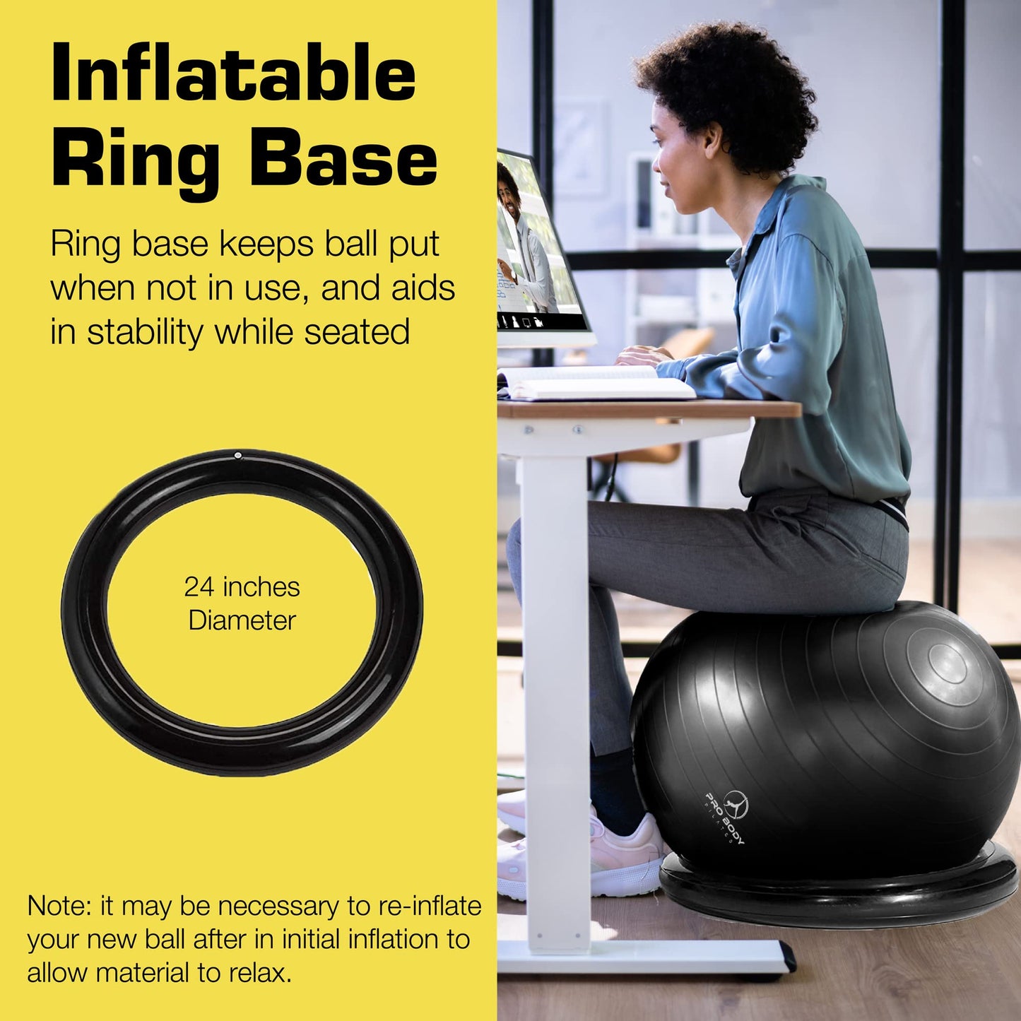 ProBody Pilates Ball Yoga Ball Chair, Exercise Ball Chair with Base or Stand for Home Office Desk Sitting or Workout, 65cm Antiburst Balance & Stability Ball Seat, Large Gym Ball for Back, Abs