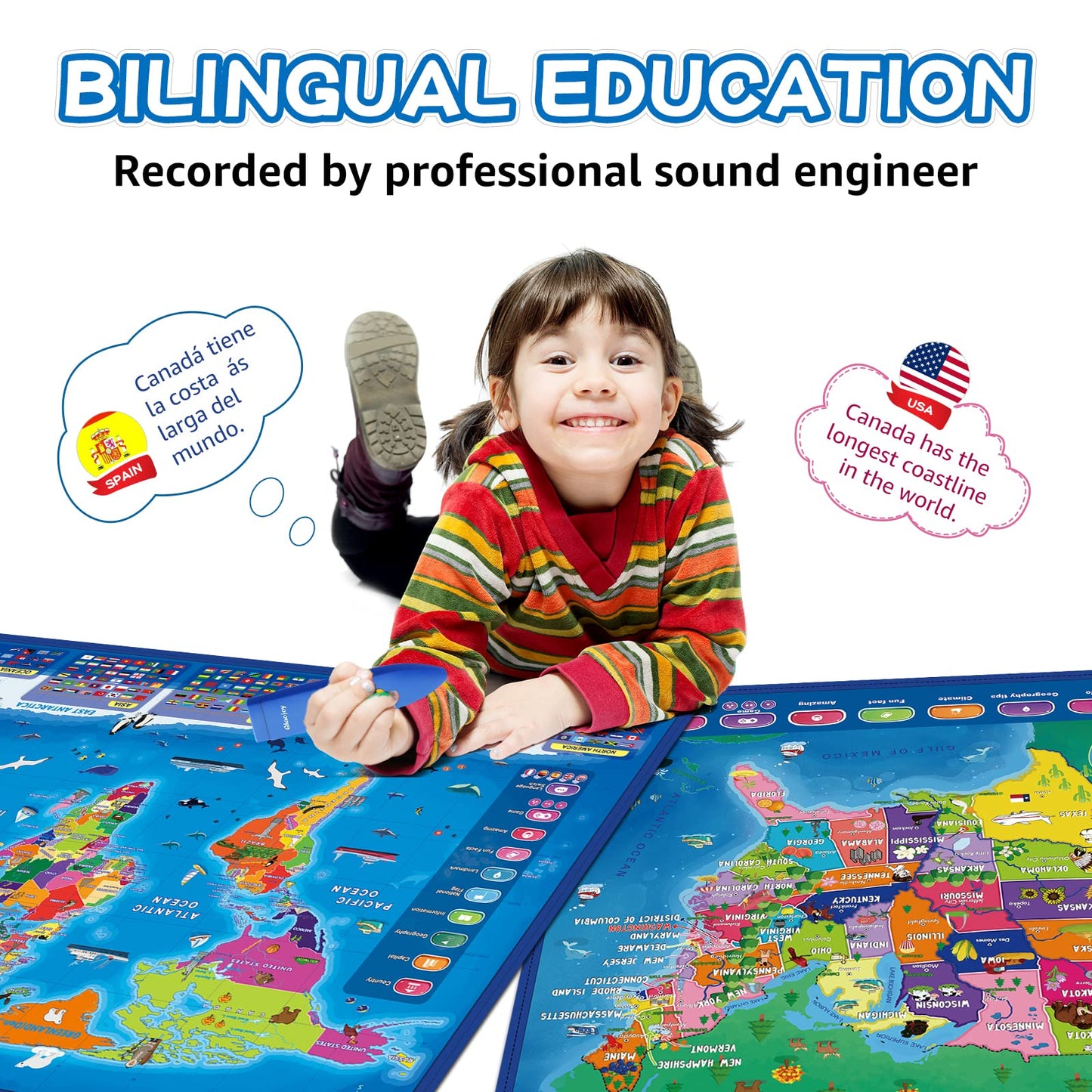 Bilingual Interactive for Kids Talking USA Map Solar System Poster for Kids Learning and Educational Toys,Talking Educational Toy for Ages 3 to 12 Years Old Girls/Boys,Learning Chart for Preschool