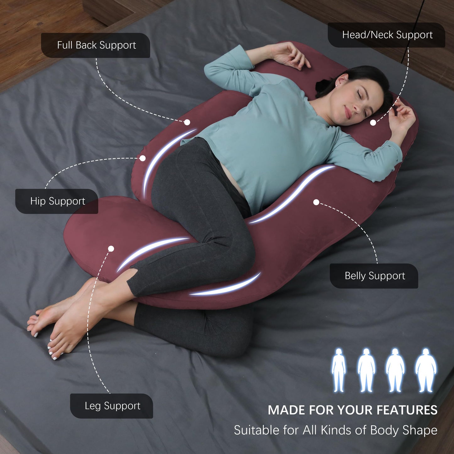 MOON PARK Pregnancy Pillows for Sleeping - U Shaped Full Body Maternity Pillow with Removable Cover - Support for Back, Legs, Belly, HIPS - 57 Inch Pregnancy Pillow for Women - Grey