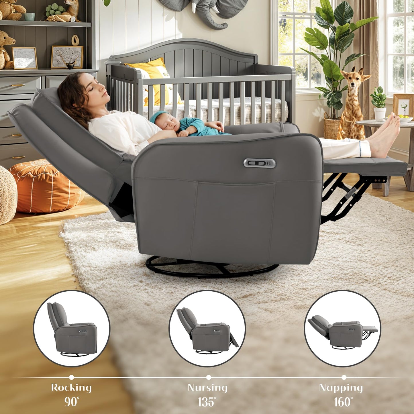 Power Recliner Gliders for Nursery, Electric Swivel Rocker Recliner Chair, Comfy Upholstered Living Room Reclining Rocking Chairs with Lumbar Support