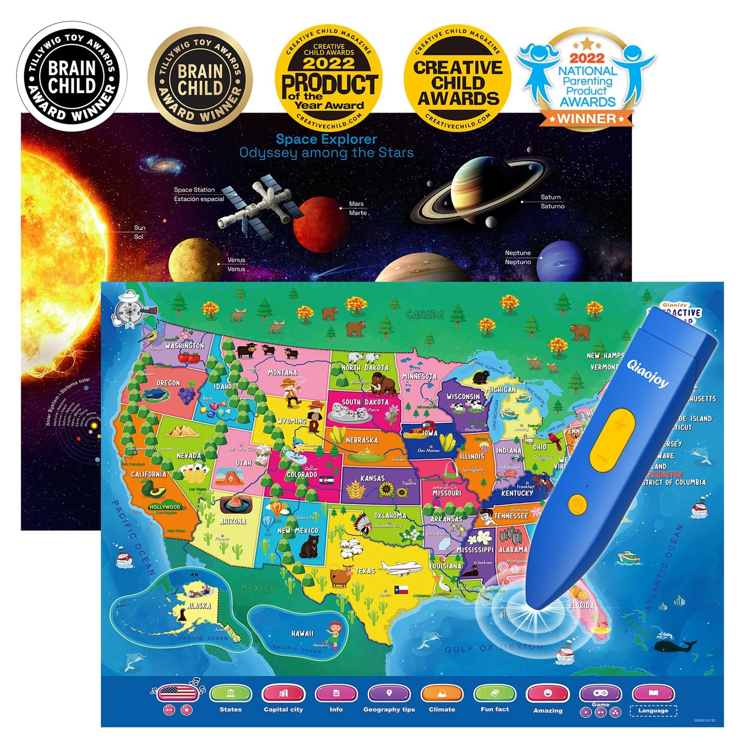 Bilingual Interactive for Kids Talking USA Map Solar System Poster for Kids Learning and Educational Toys,Talking Educational Toy for Ages 3 to 12 Years Old Girls/Boys,Learning Chart for Preschool