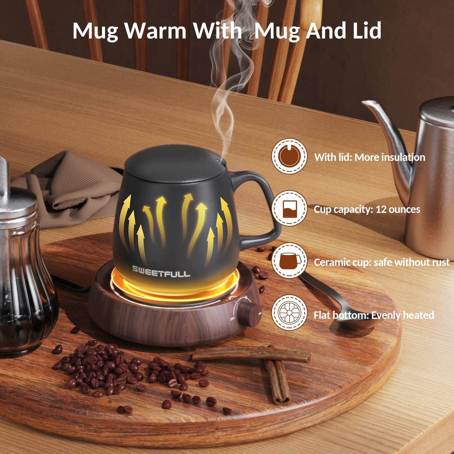 SWEETFULL Mug Warmer for Coffee and Tea Coffee Mug Warmer W/Mug and Lid Coffee Warmer As Coffee Gifts for Desk Office Coffee Lovers. （20W Cup Warmer Candle Warmer Auto Shut Off） (Wood Grain)