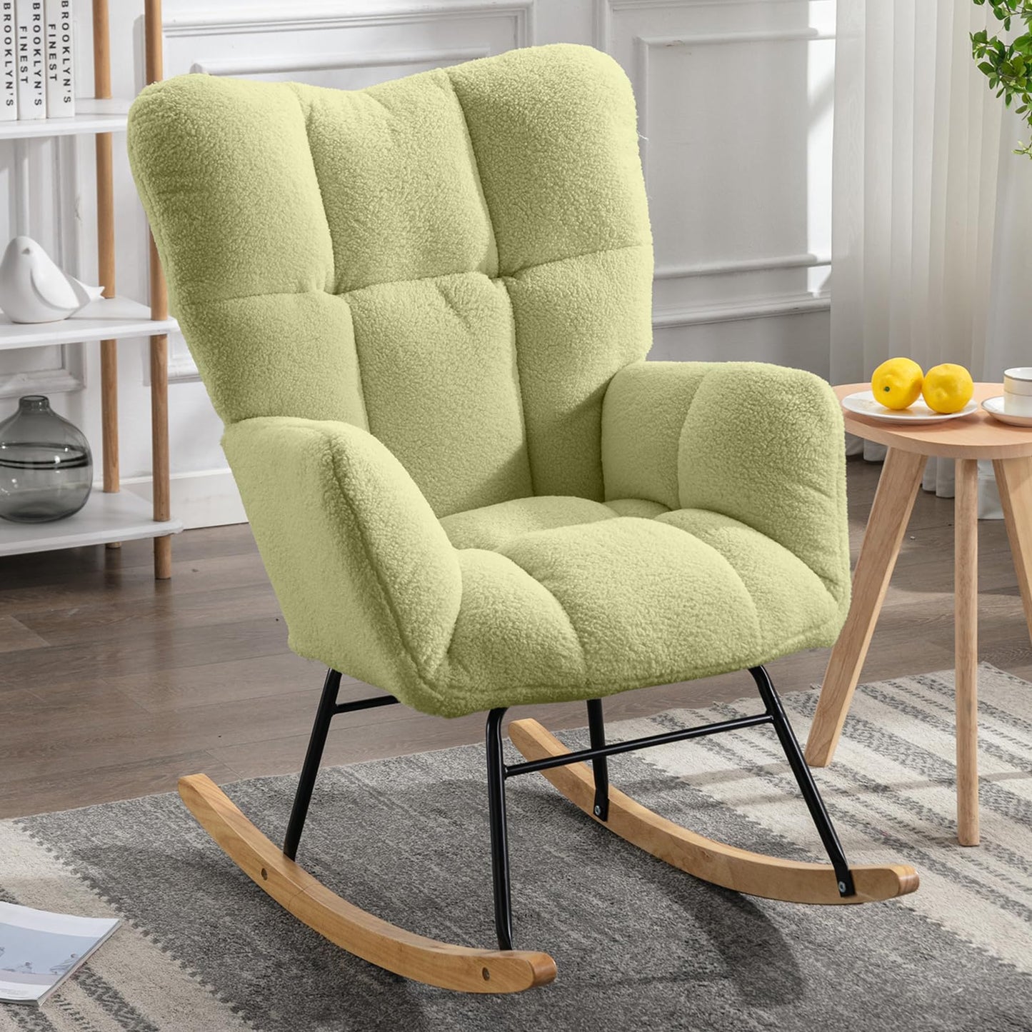 NIOIIKIT Nursery Rocking Chair Teddy Upholstered Glider Rocker Rocking Accent Chair Padded Seat with High Backrest Armchair Comfy Side Chair for Living Room Bedroom Offices (Ivory Teddy)