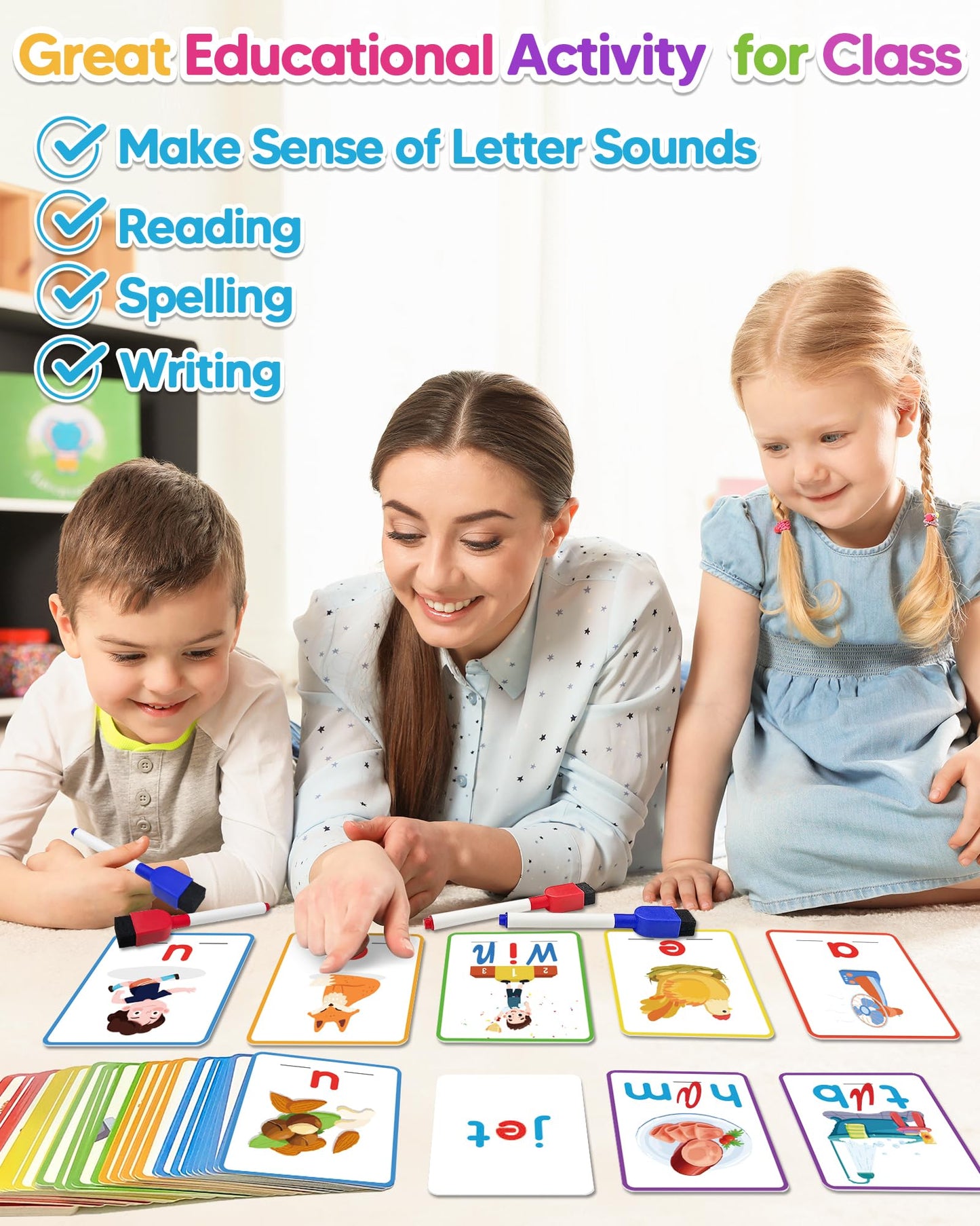 Gojmzo CVC Word Writing & Spelling Flash Cards, Preschool Learning Toddler Activities, Kindergarten Homeschool Supplies, Sight Words Reading Game, Montessori Educational Toys for 3 4 5 6 Year Old Kids