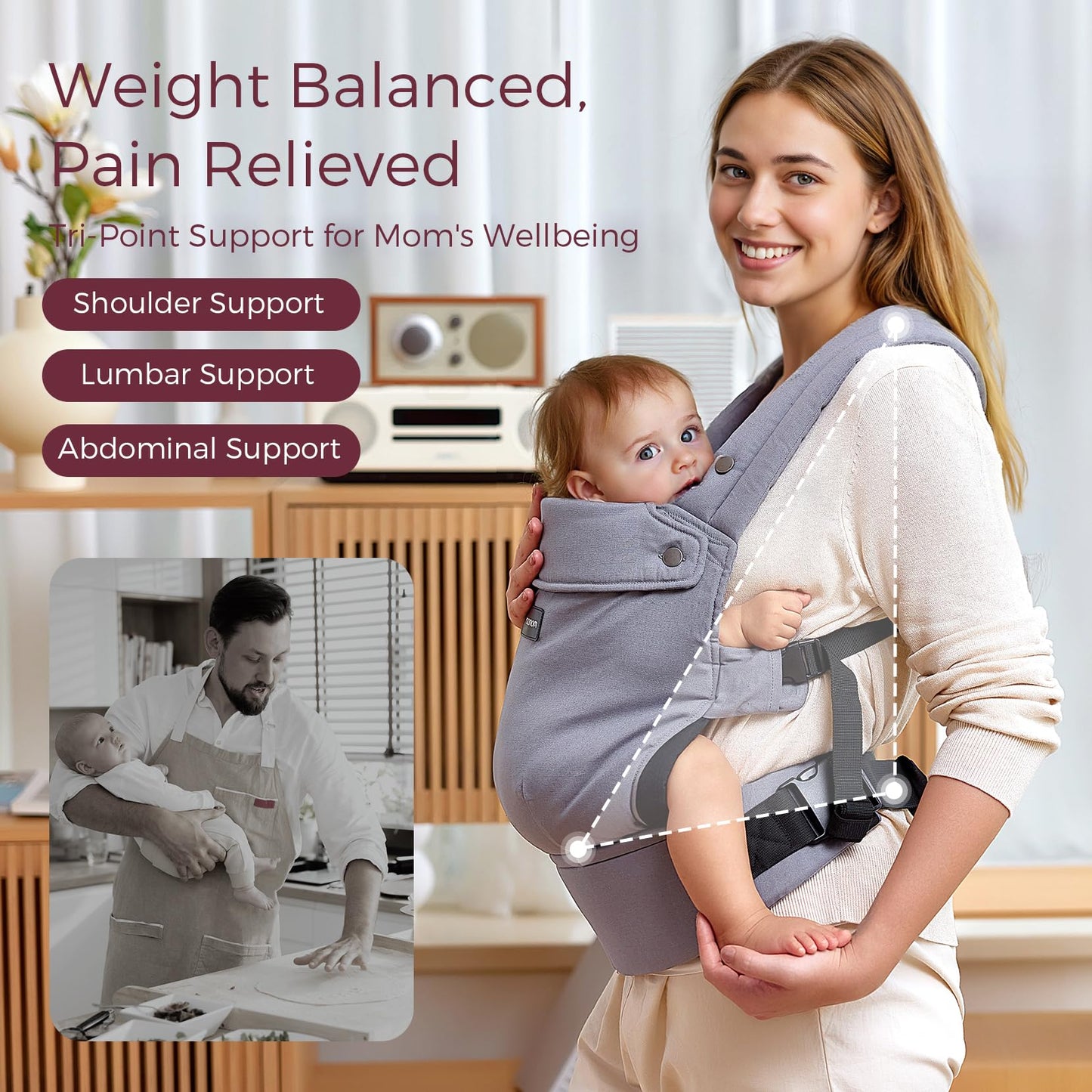 Momcozy Baby Carrier - Ergonomic, Cozy and Lightweight Carrier for 7-44lbs, Effortless to Put On, Ideal for Hands-Free Parenting, Enhanced Lumbar Support, Purehug for Infant to Toddler, Khaki