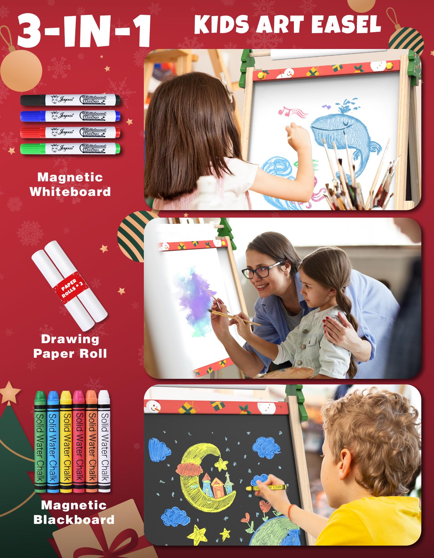 Joyooss Art Easel for Kids, Adjustable Standing Kids Easel with Magnetic Whteboard & Chalkboard, Magnetic Board for Kids Art Easel Kids with 2 Paper Rolls, Finger Paints, Letters & Numbers Magnets