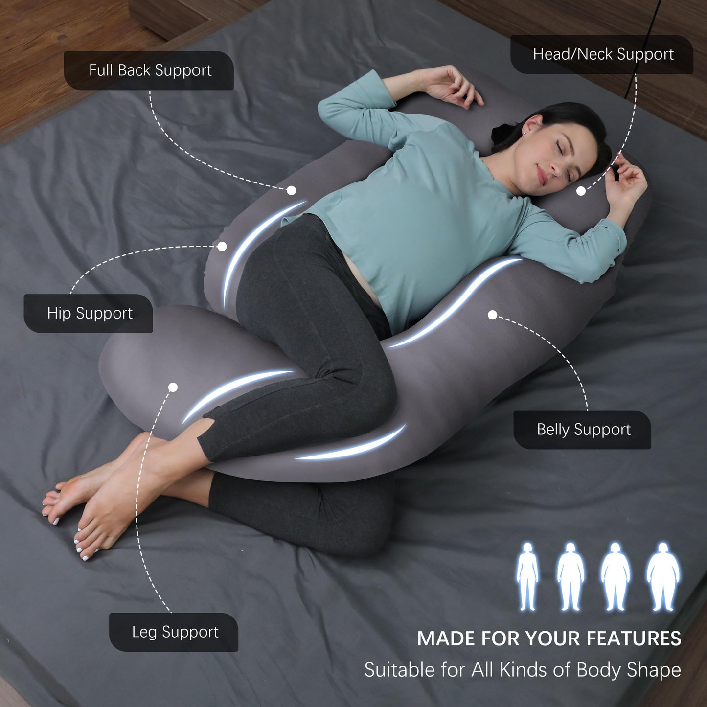 MOON PARK Pregnancy Pillows for Sleeping - U Shaped Full Body Maternity Pillow with Removable Cover - Support for Back, Legs, Belly, HIPS - 57 Inch Pregnancy Pillow for Women - Grey