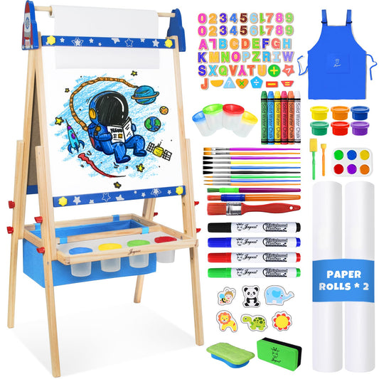 Joyooss Art Easel for Kids, Adjustable Standing Kids Easel with Magnetic Whteboard & Chalkboard, Magnetic Board for Kids Art Easel Kids with 2 Paper Rolls, Finger Paints, Letters & Numbers Magnets