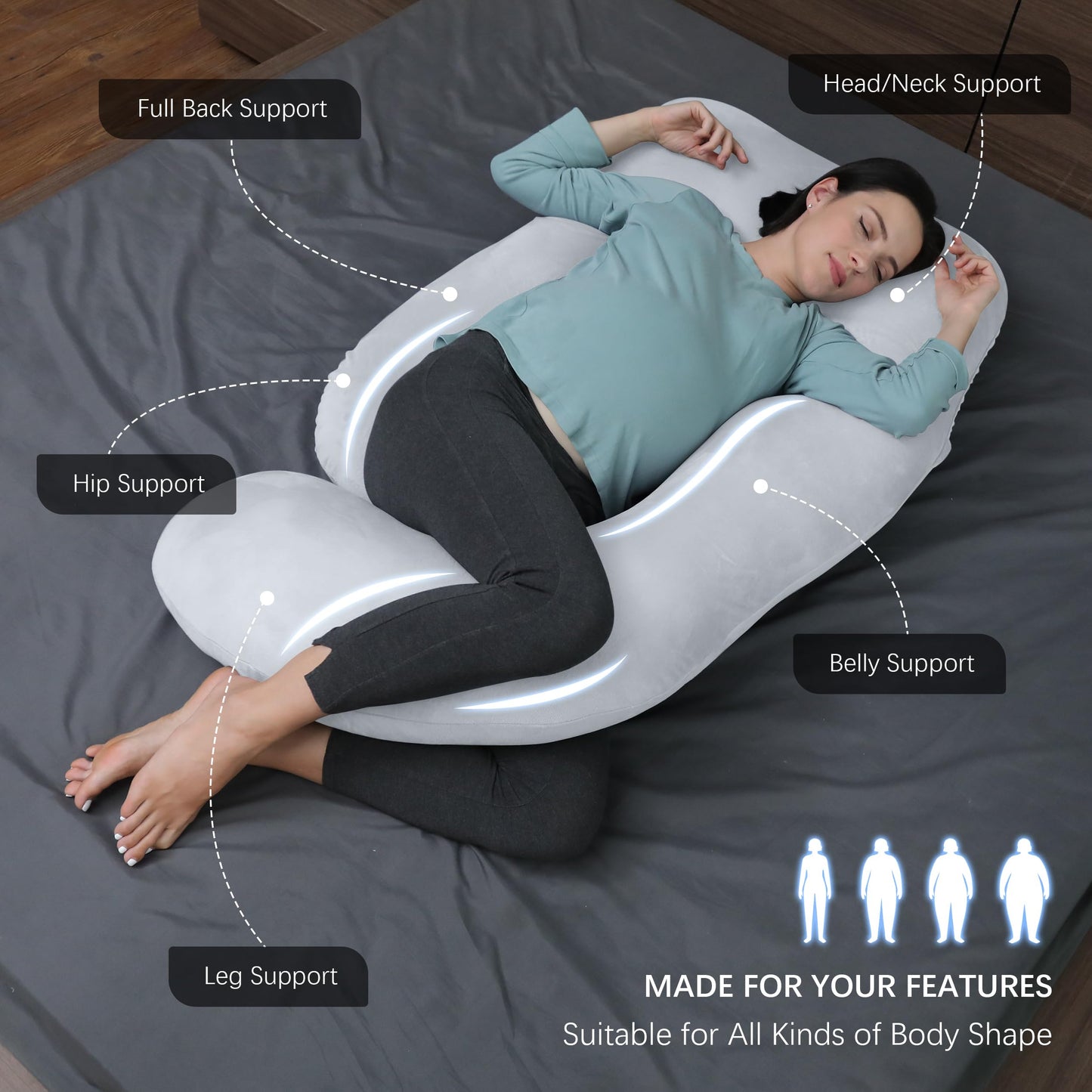 MOON PARK Pregnancy Pillows for Sleeping - U Shaped Full Body Maternity Pillow with Removable Cover - Support for Back, Legs, Belly, HIPS - 57 Inch Pregnancy Pillow for Women - Grey