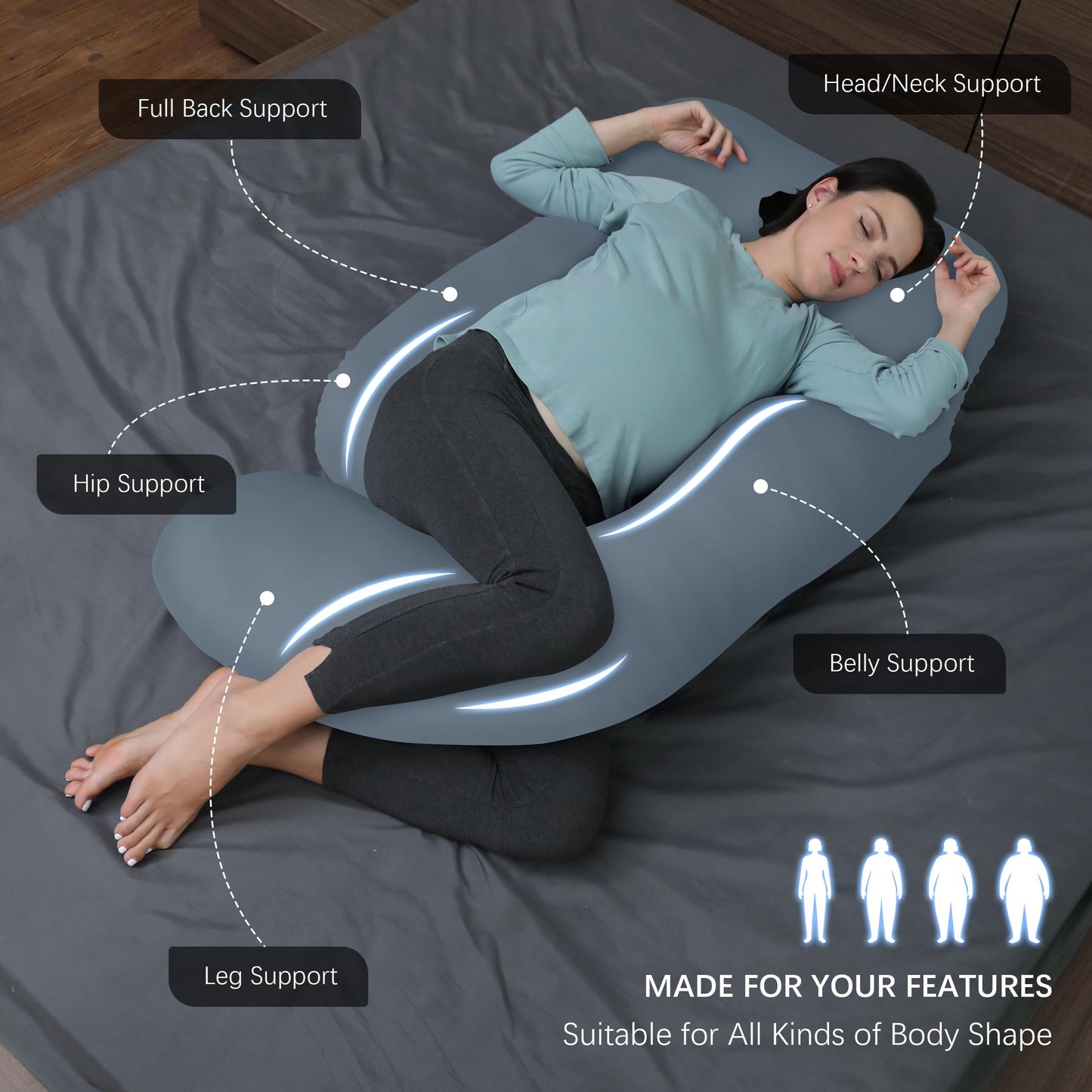 MOON PARK Pregnancy Pillows for Sleeping - U Shaped Full Body Maternity Pillow with Removable Cover - Support for Back, Legs, Belly, HIPS - 57 Inch Pregnancy Pillow for Women - Grey