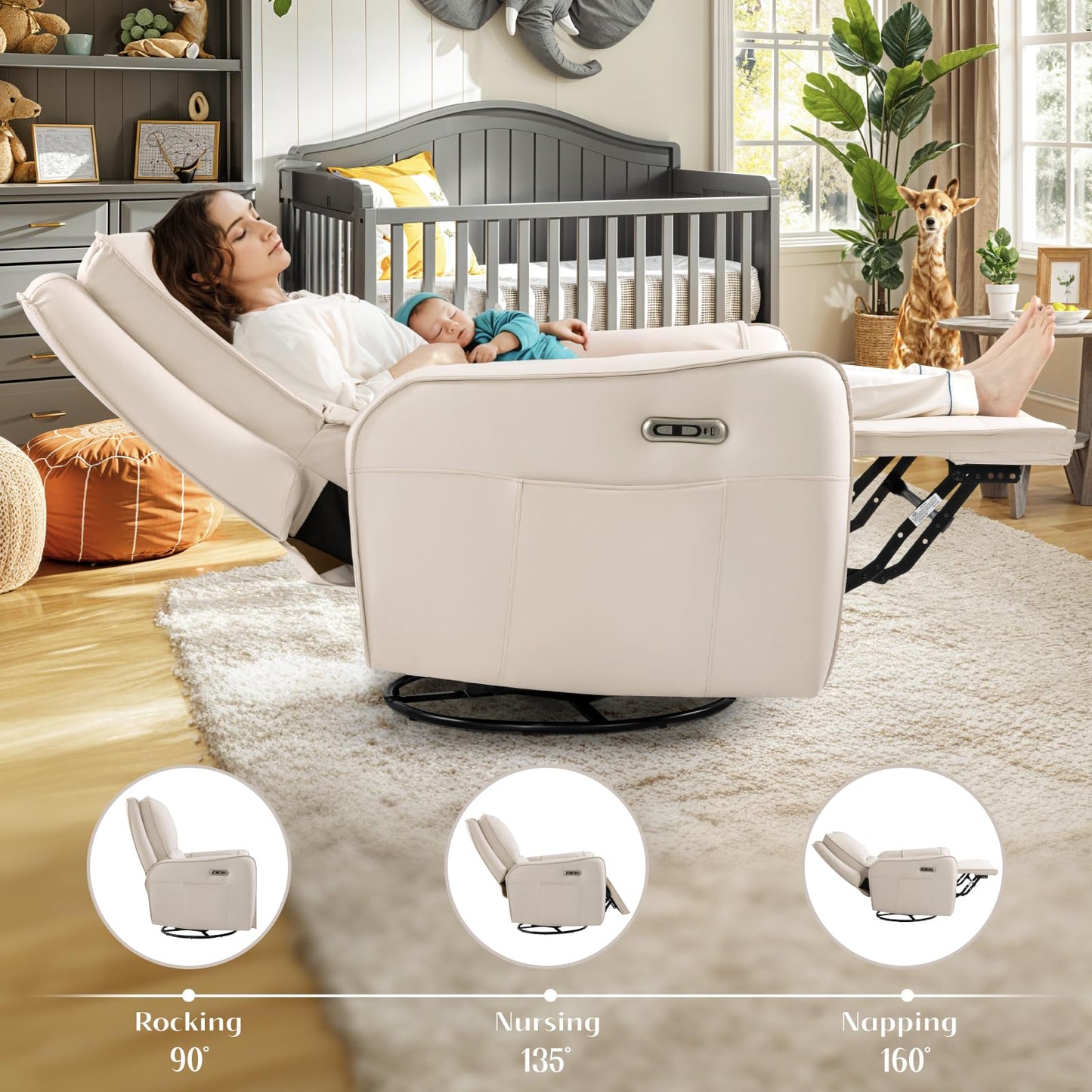 Power Recliner Gliders for Nursery, Electric Swivel Rocker Recliner Chair, Comfy Upholstered Living Room Reclining Rocking Chairs with Lumbar Support