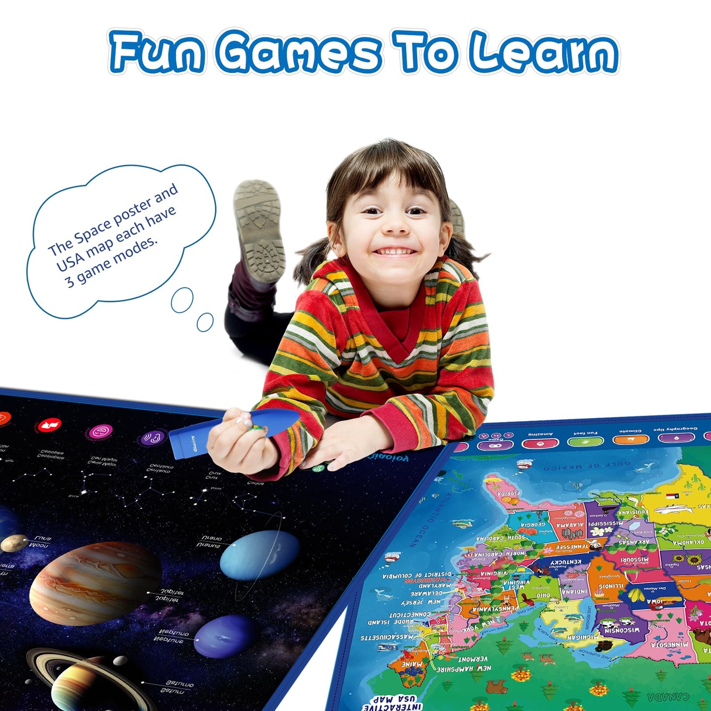 Bilingual Interactive for Kids Talking USA Map Solar System Poster for Kids Learning and Educational Toys,Talking Educational Toy for Ages 3 to 12 Years Old Girls/Boys,Learning Chart for Preschool