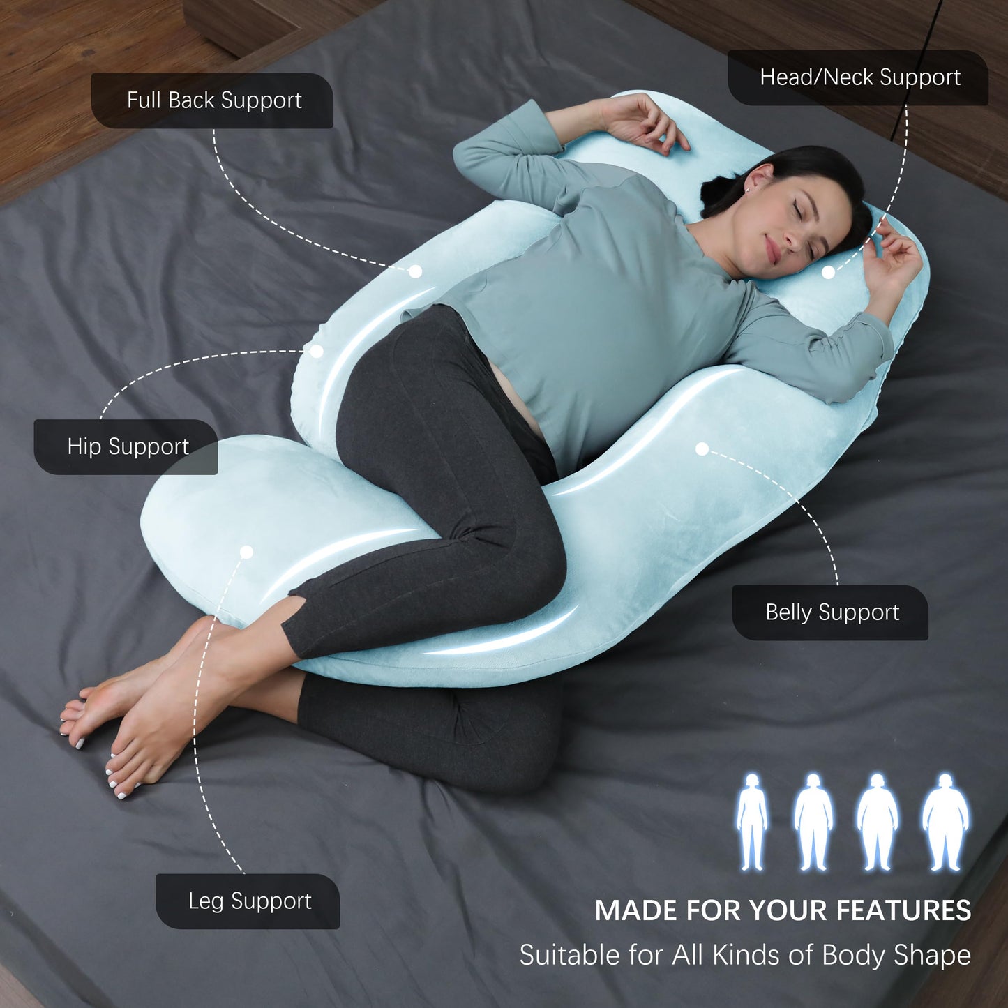 MOON PARK Pregnancy Pillows for Sleeping - U Shaped Full Body Maternity Pillow with Removable Cover - Support for Back, Legs, Belly, HIPS - 57 Inch Pregnancy Pillow for Women - Grey