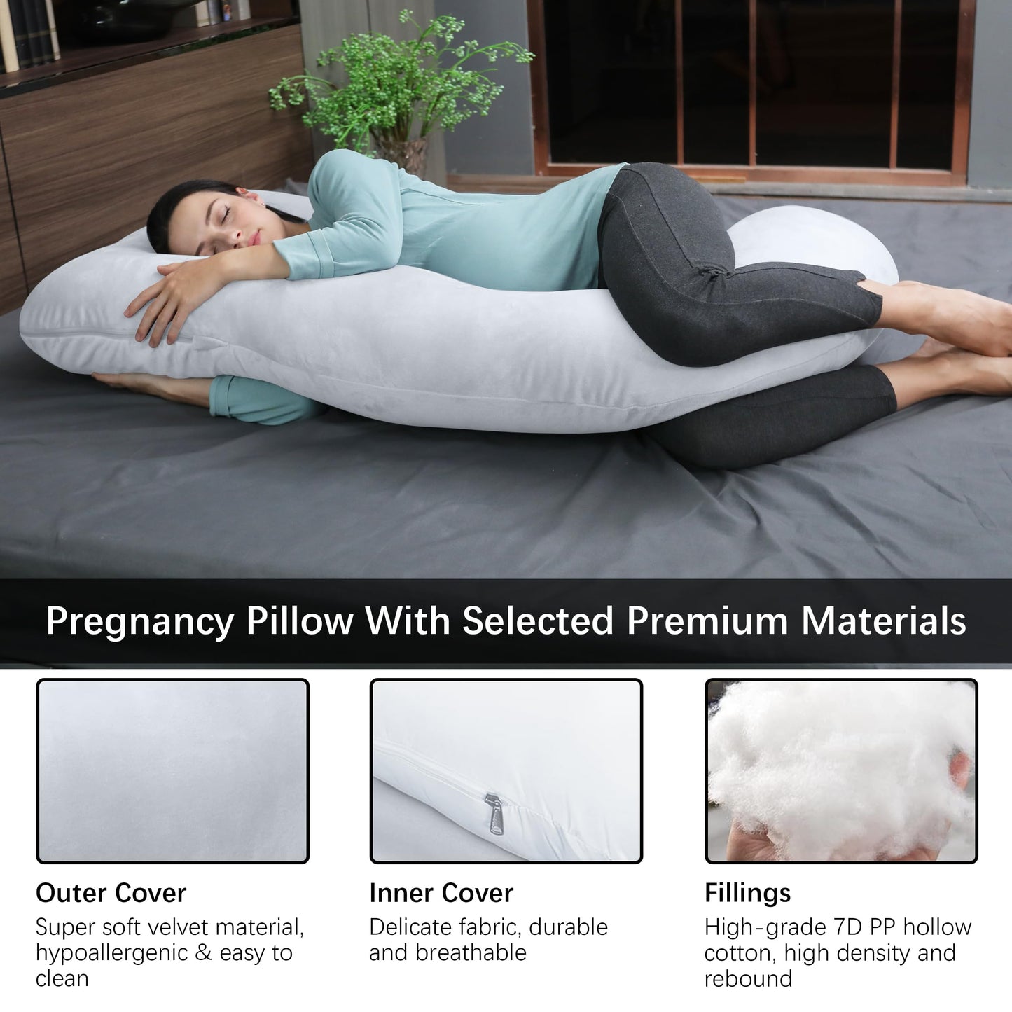 MOON PARK Pregnancy Pillows for Sleeping - U Shaped Full Body Maternity Pillow with Removable Cover - Support for Back, Legs, Belly, HIPS - 57 Inch Pregnancy Pillow for Women - Grey