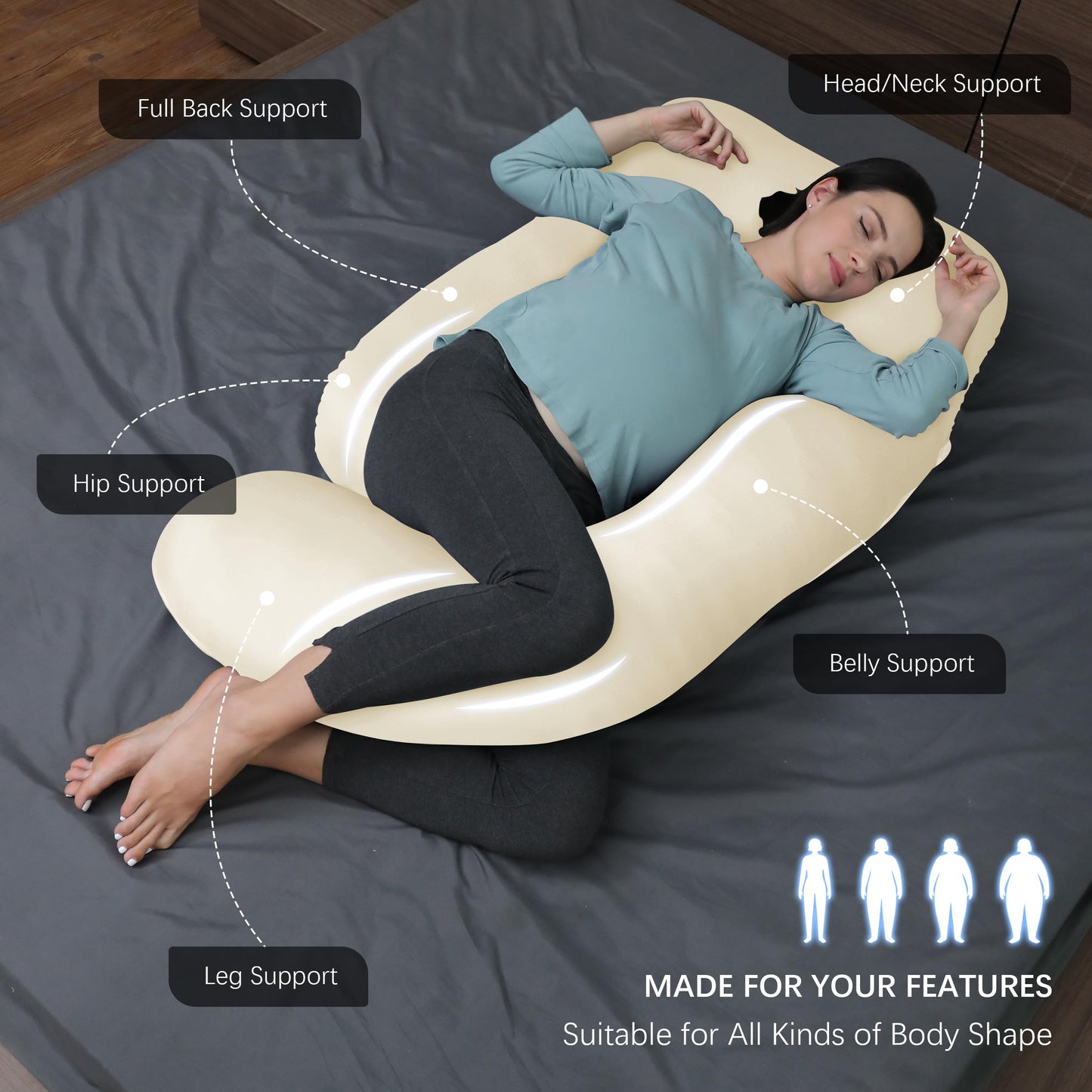 MOON PARK Pregnancy Pillows for Sleeping - U Shaped Full Body Maternity Pillow with Removable Cover - Support for Back, Legs, Belly, HIPS - 57 Inch Pregnancy Pillow for Women - Grey