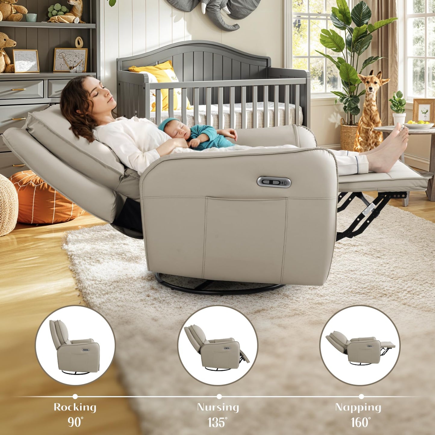 Power Recliner Gliders for Nursery, Electric Swivel Rocker Recliner Chair, Comfy Upholstered Living Room Reclining Rocking Chairs with Lumbar Support