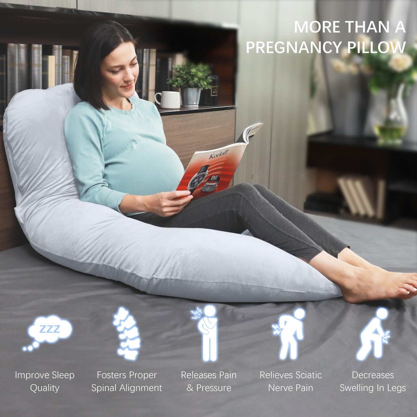 MOON PARK Pregnancy Pillows for Sleeping - U Shaped Full Body Maternity Pillow with Removable Cover - Support for Back, Legs, Belly, HIPS - 57 Inch Pregnancy Pillow for Women - Grey