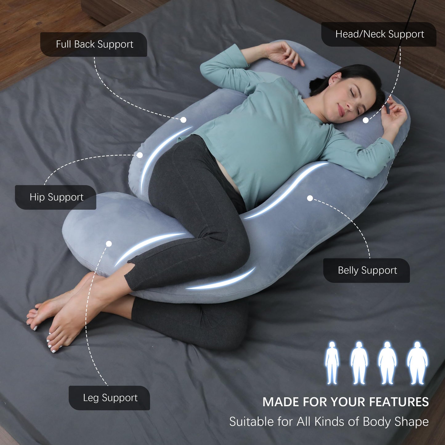 MOON PARK Pregnancy Pillows for Sleeping - U Shaped Full Body Maternity Pillow with Removable Cover - Support for Back, Legs, Belly, HIPS - 57 Inch Pregnancy Pillow for Women - Grey