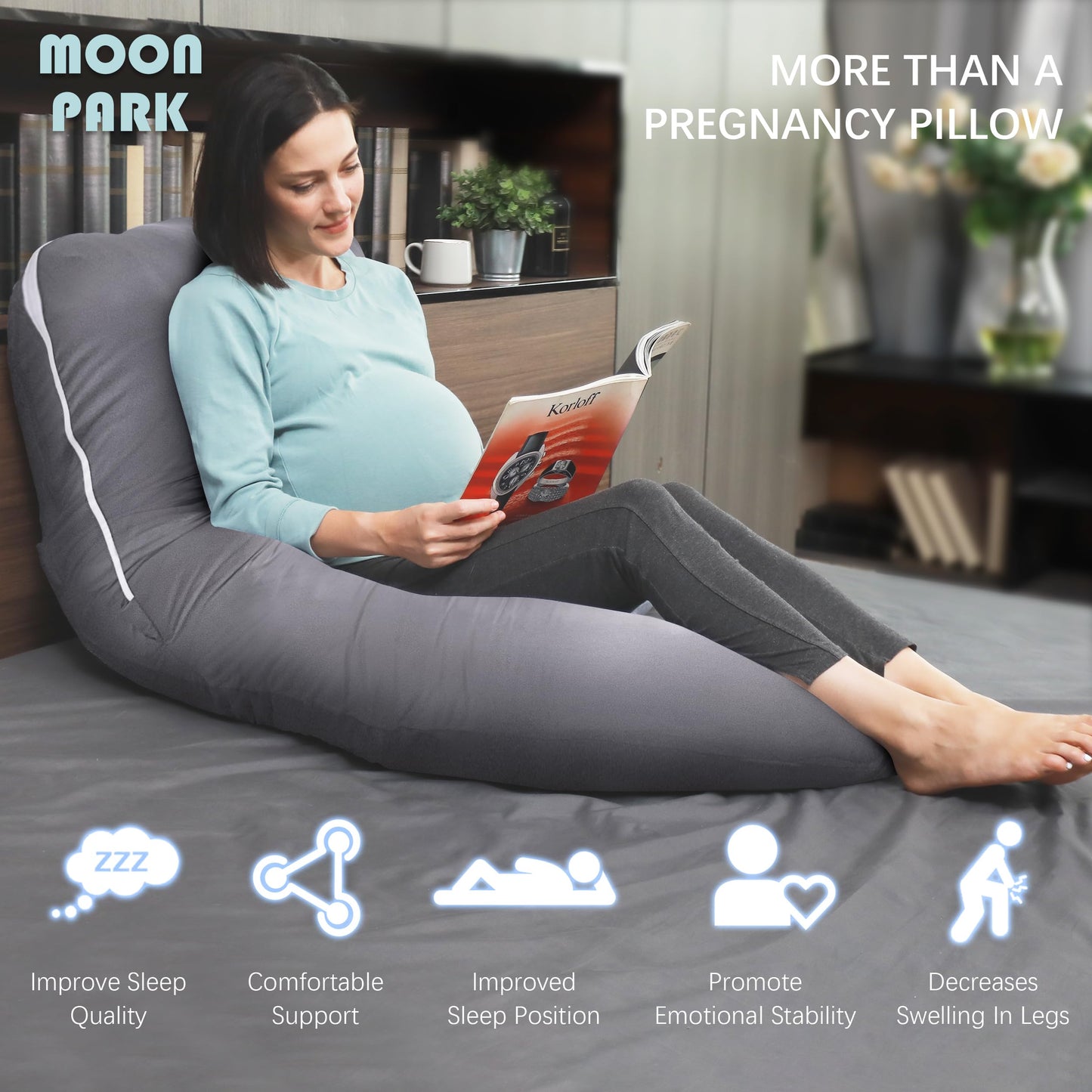 MOON PARK Pregnancy Pillows for Sleeping - U Shaped Full Body Maternity Pillow with Removable Cover - Support for Back, Legs, Belly, HIPS - 57 Inch Pregnancy Pillow for Women - Grey