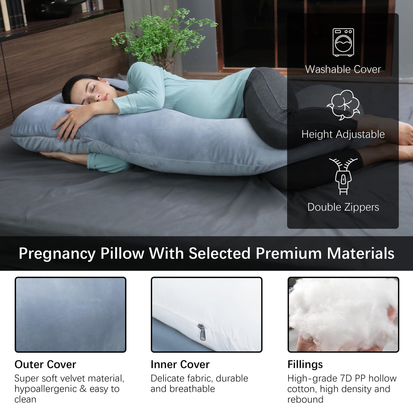 MOON PARK Pregnancy Pillows for Sleeping - U Shaped Full Body Maternity Pillow with Removable Cover - Support for Back, Legs, Belly, HIPS - 57 Inch Pregnancy Pillow for Women - Grey