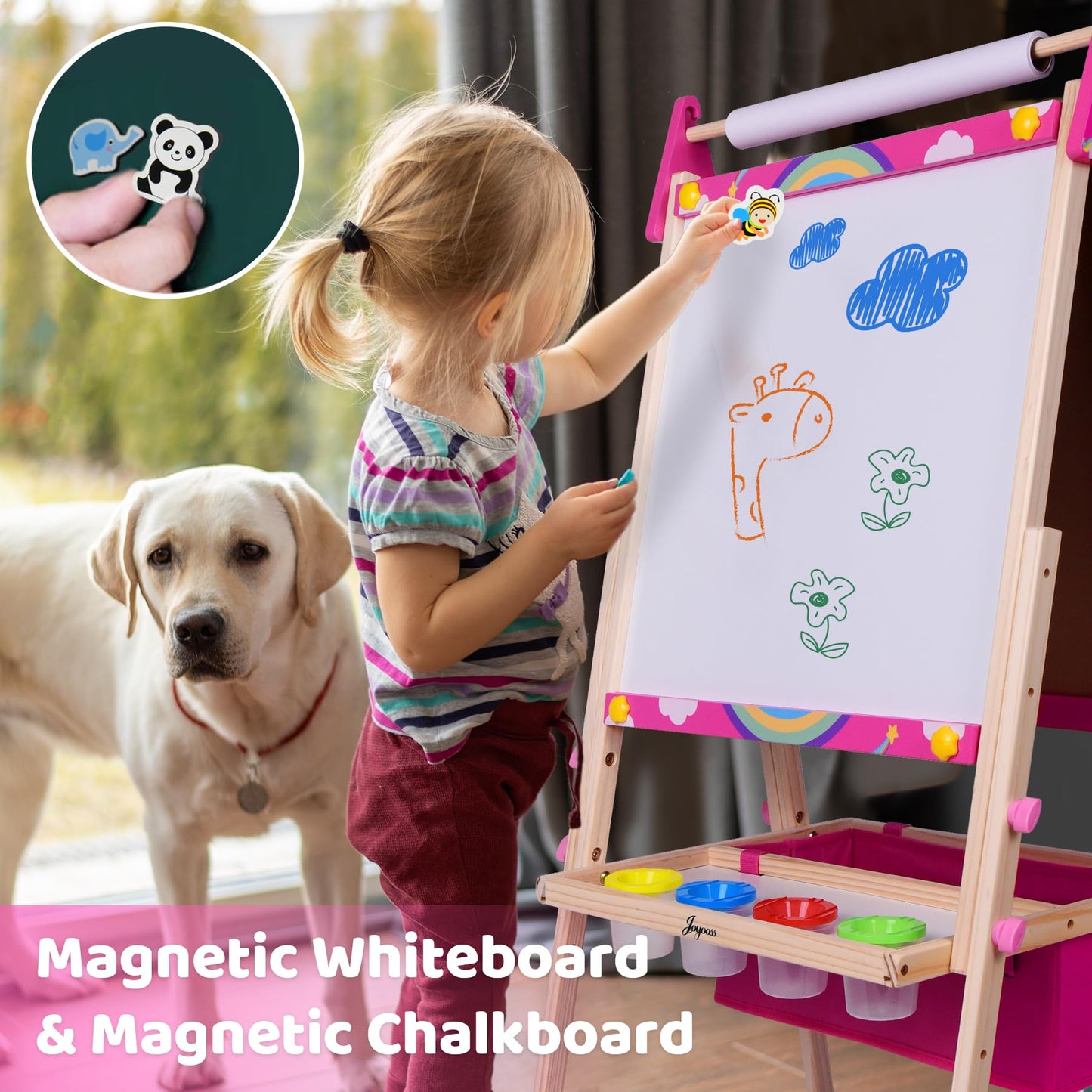 Joyooss Art Easel for Kids, Adjustable Standing Kids Easel with Magnetic Whteboard & Chalkboard, Magnetic Board for Kids Art Easel Kids with 2 Paper Rolls, Finger Paints, Letters & Numbers Magnets