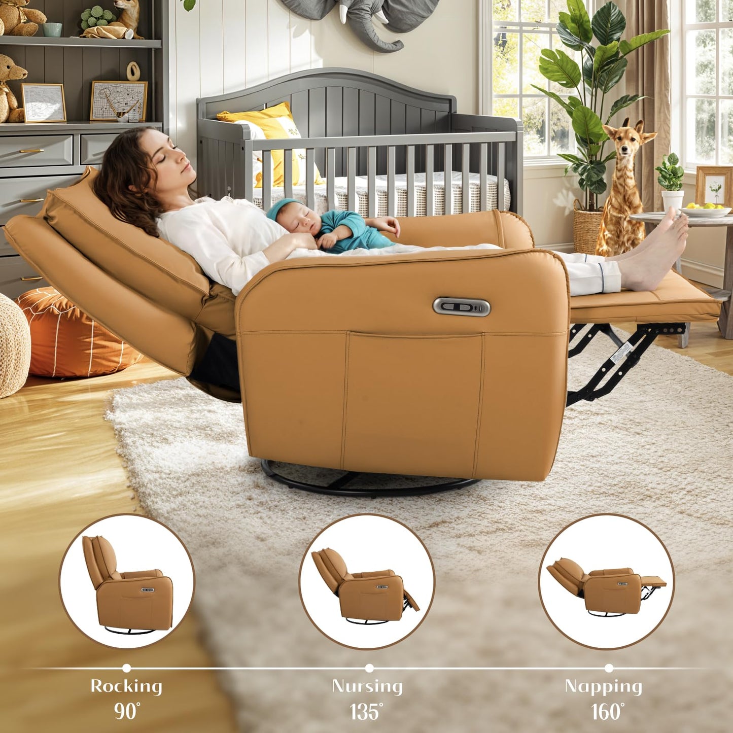 Power Recliner Gliders for Nursery, Electric Swivel Rocker Recliner Chair, Comfy Upholstered Living Room Reclining Rocking Chairs with Lumbar Support