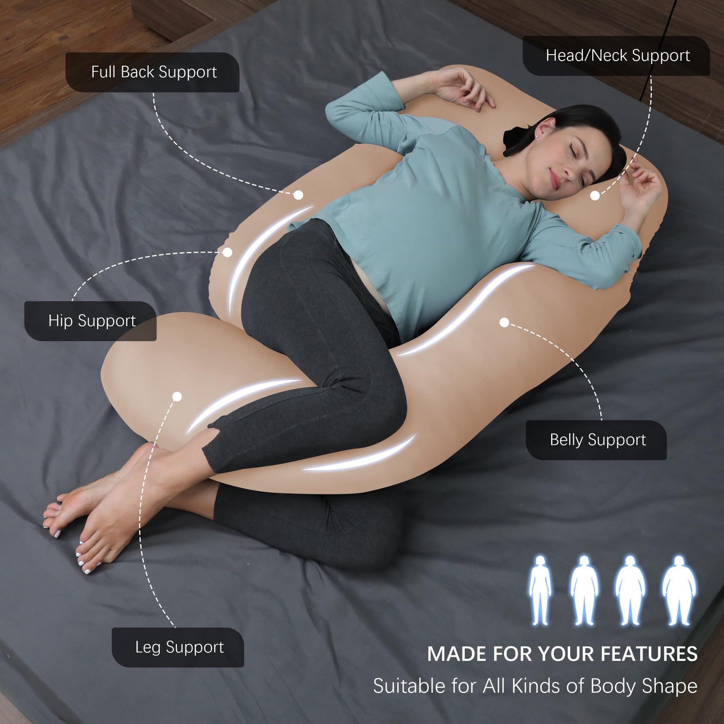 MOON PARK Pregnancy Pillows for Sleeping - U Shaped Full Body Maternity Pillow with Removable Cover - Support for Back, Legs, Belly, HIPS - 57 Inch Pregnancy Pillow for Women - Grey