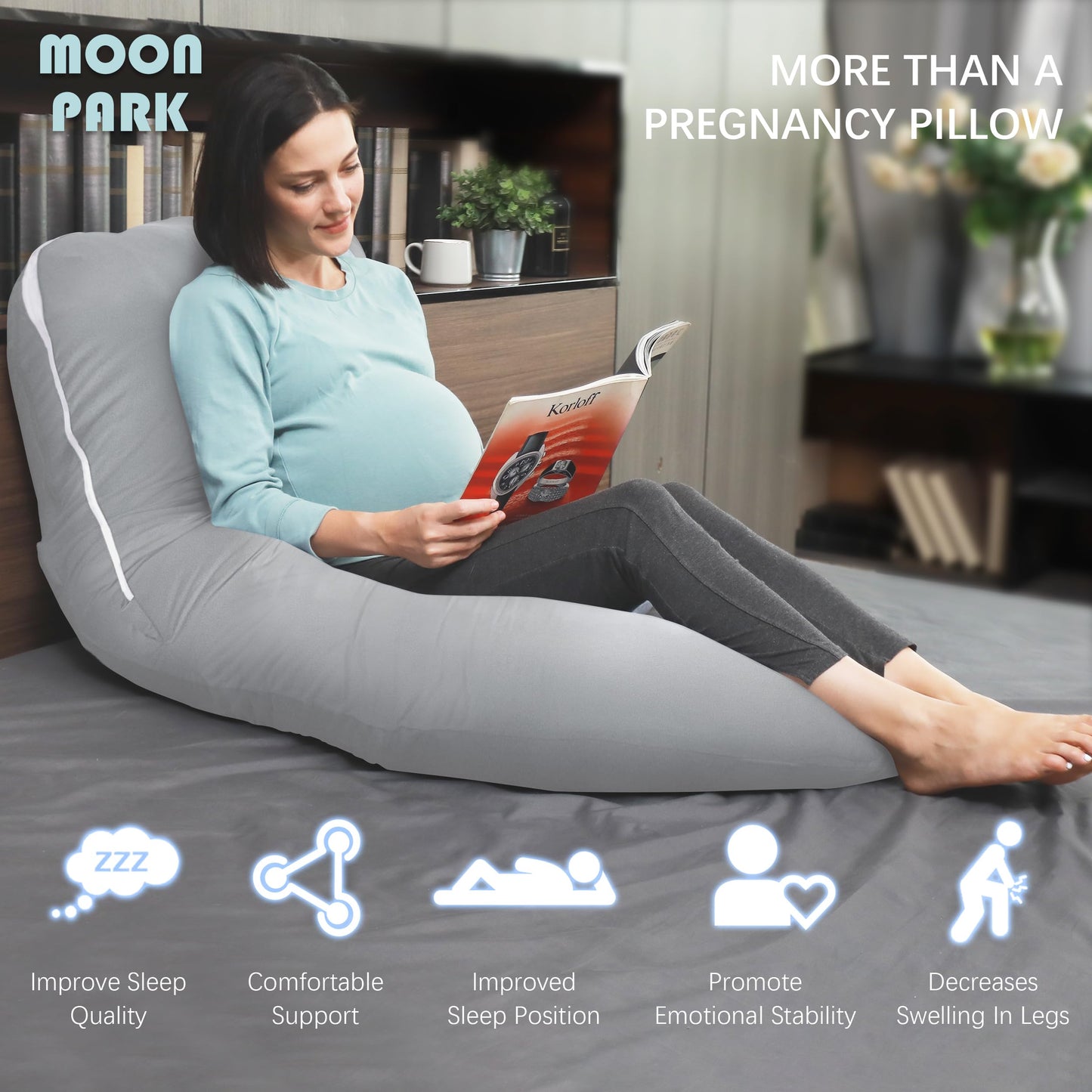 MOON PARK Pregnancy Pillows for Sleeping - U Shaped Full Body Maternity Pillow with Removable Cover - Support for Back, Legs, Belly, HIPS - 57 Inch Pregnancy Pillow for Women - Grey