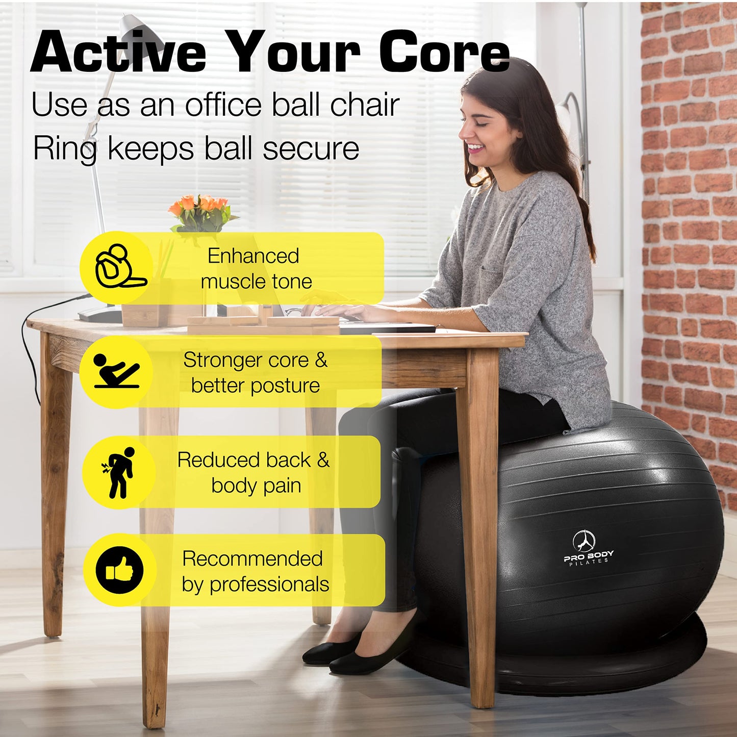 ProBody Pilates Ball Yoga Ball Chair, Exercise Ball Chair with Base or Stand for Home Office Desk Sitting or Workout, 65cm Antiburst Balance & Stability Ball Seat, Large Gym Ball for Back, Abs