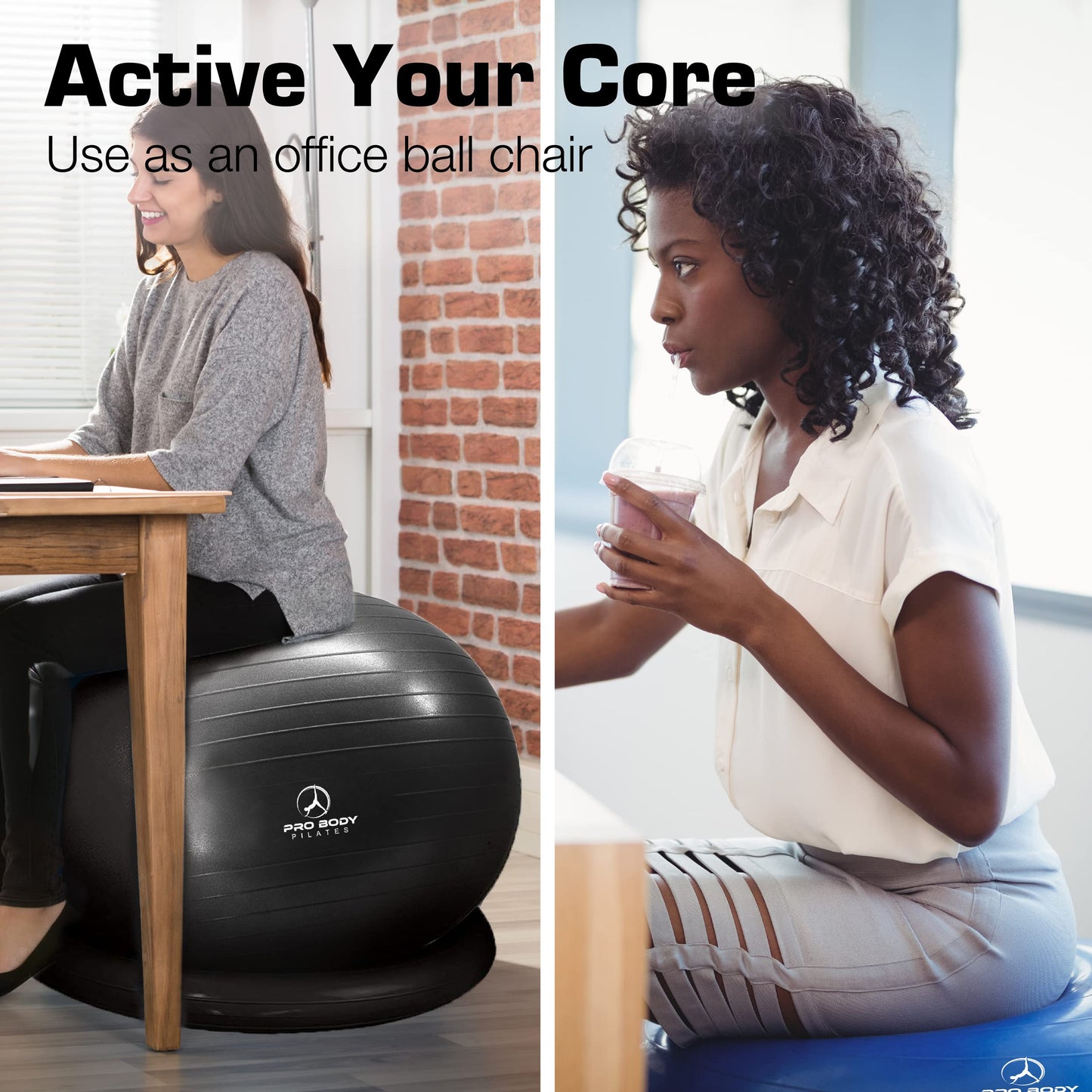 ProBody Pilates Ball Yoga Ball Chair, Exercise Ball Chair with Base or Stand for Home Office Desk Sitting or Workout, 65cm Antiburst Balance & Stability Ball Seat, Large Gym Ball for Back, Abs