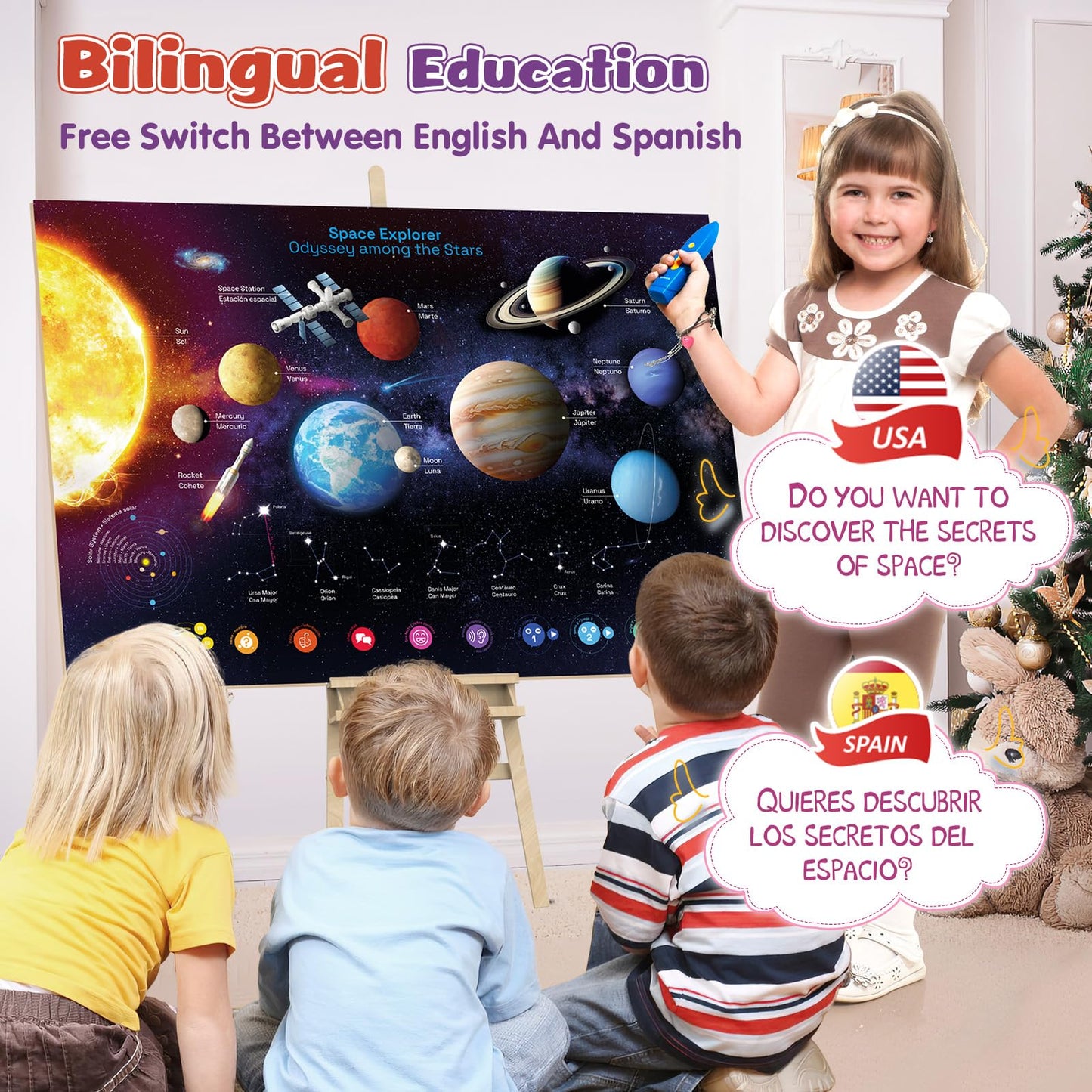 Bilingual Interactive for Kids Talking USA Map Solar System Poster for Kids Learning and Educational Toys,Talking Educational Toy for Ages 3 to 12 Years Old Girls/Boys,Learning Chart for Preschool