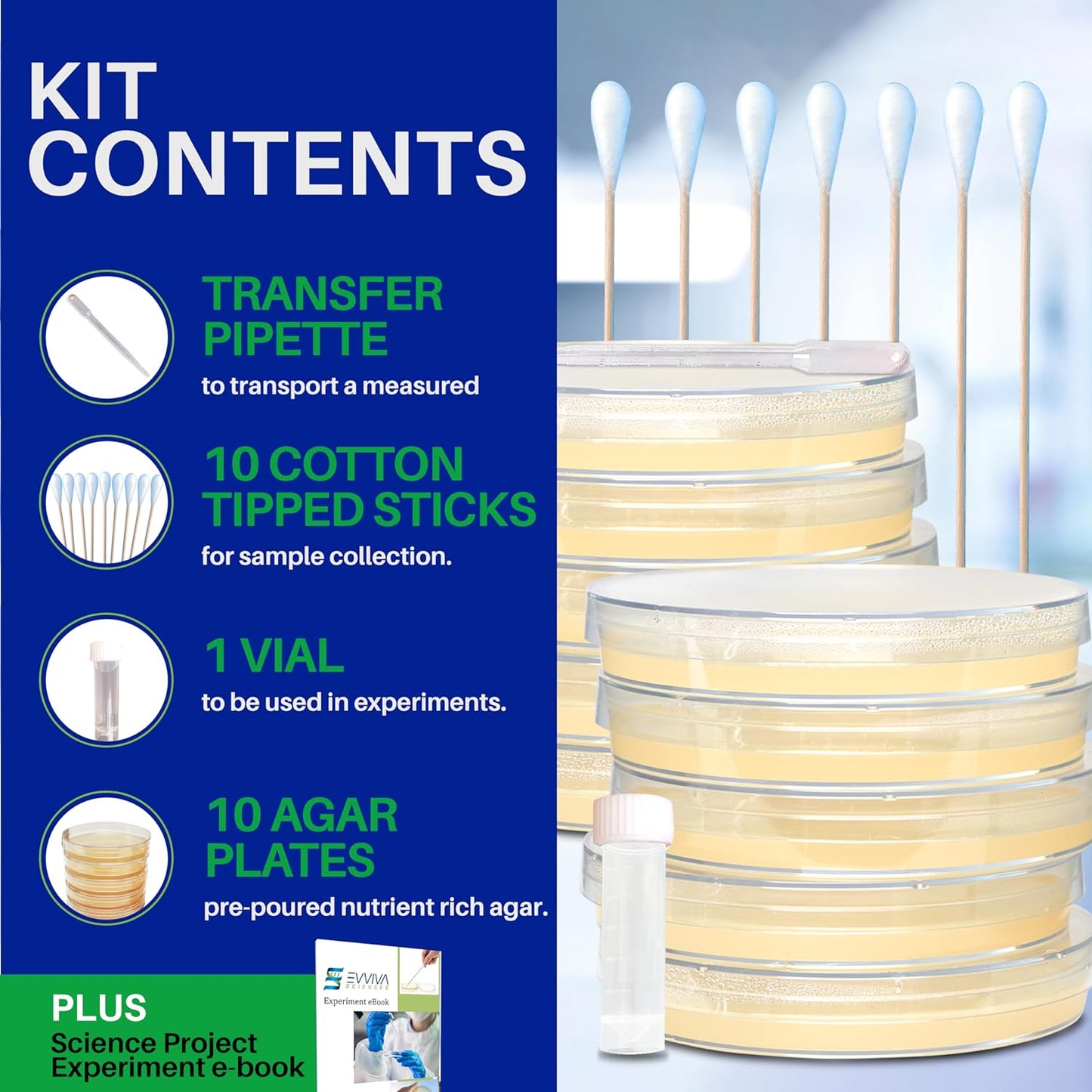 Evviva Sciences Microbiology Science Project Kit, Pre-Poured Agar Plates for Students, Agar Petri Dishes to Learn Microbiology, with Educational Experiment eBook