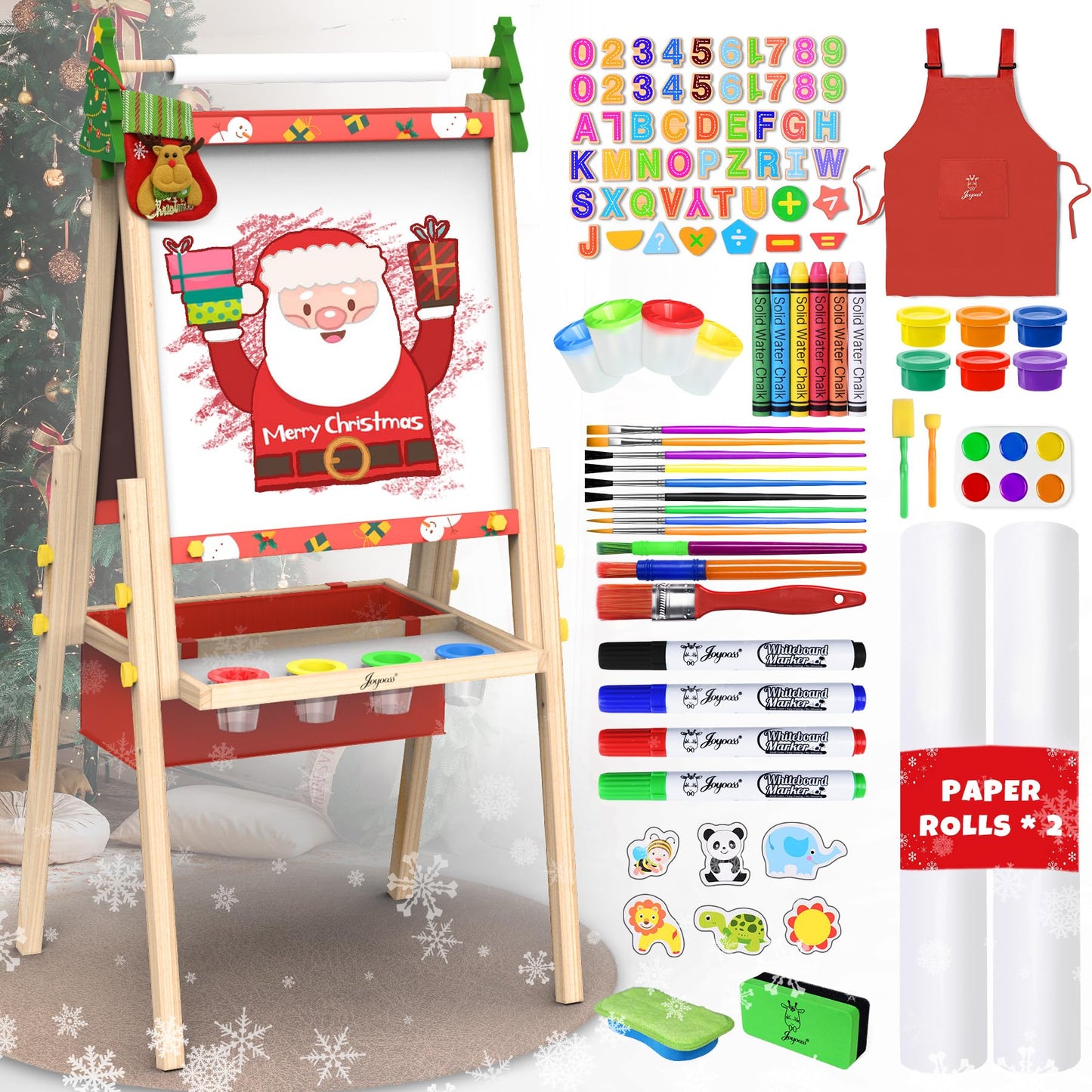 Joyooss Art Easel for Kids, Adjustable Standing Kids Easel with Magnetic Whteboard & Chalkboard, Magnetic Board for Kids Art Easel Kids with 2 Paper Rolls, Finger Paints, Letters & Numbers Magnets