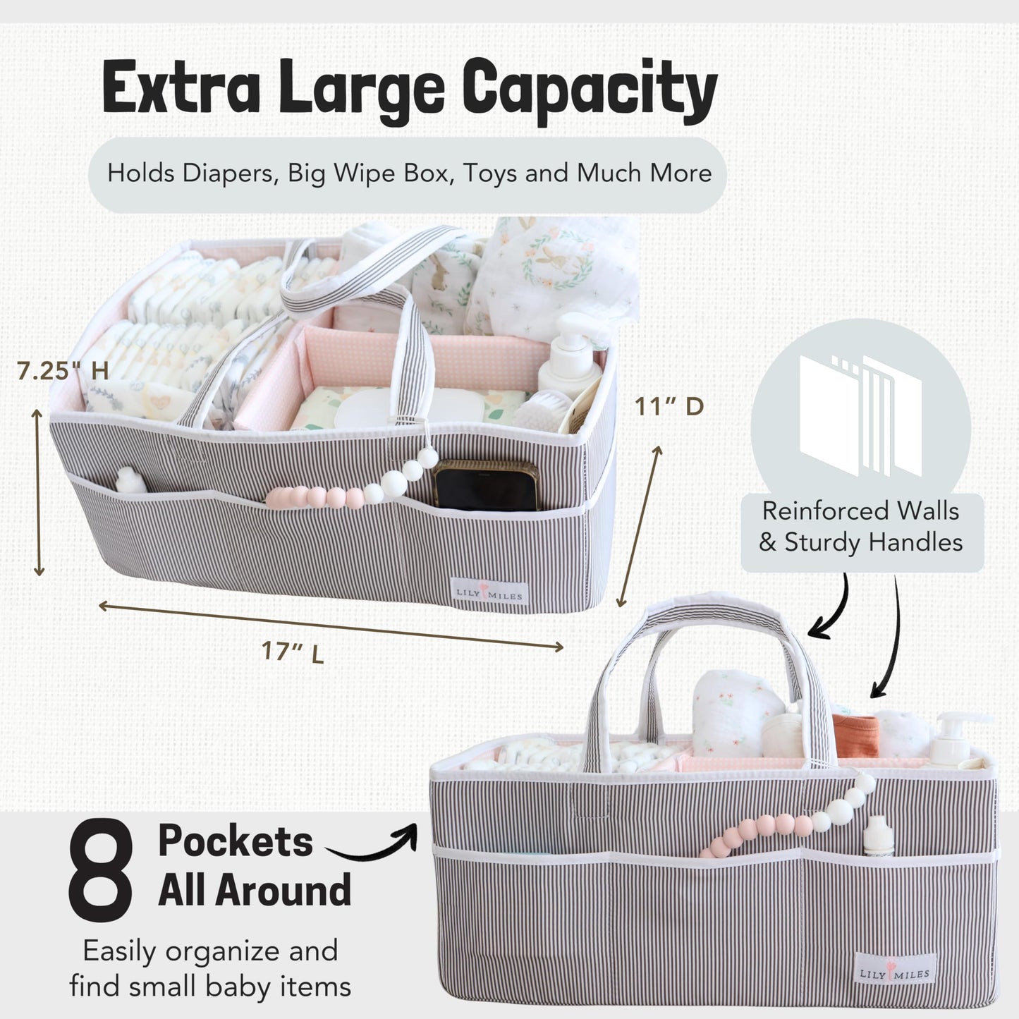 Lily Miles Baby Diaper Caddy - Large Organizer Tote Bag for Baby essentials Boy or Girl - Baby Shower Basket - Nursery Must Haves - Registry Favorites - Newborn Caddie Car Travel